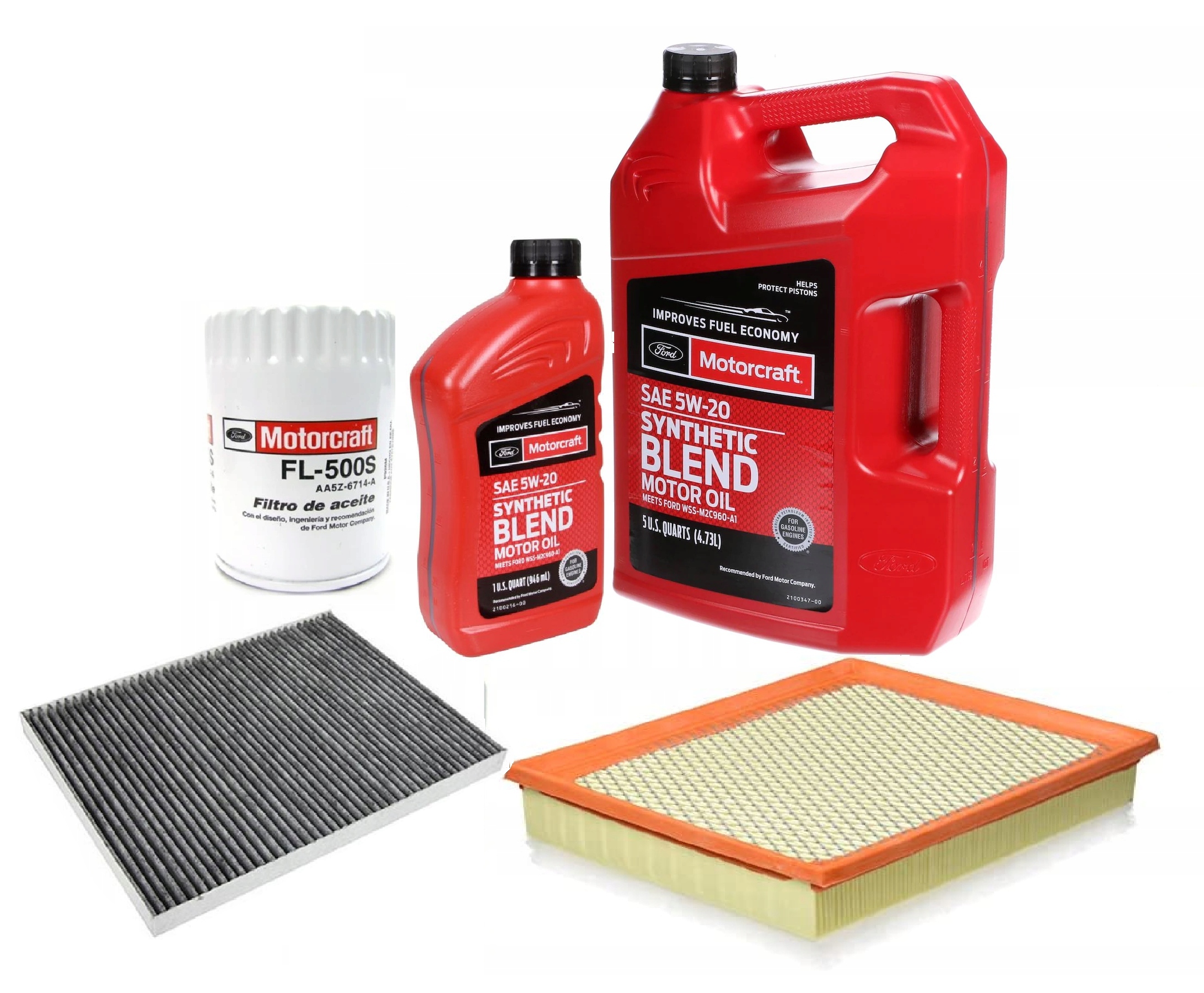 Motorcraft 5W-20 Synthetic Blend 5,676 l + FL-500S + filtry powietrza i kabinowy