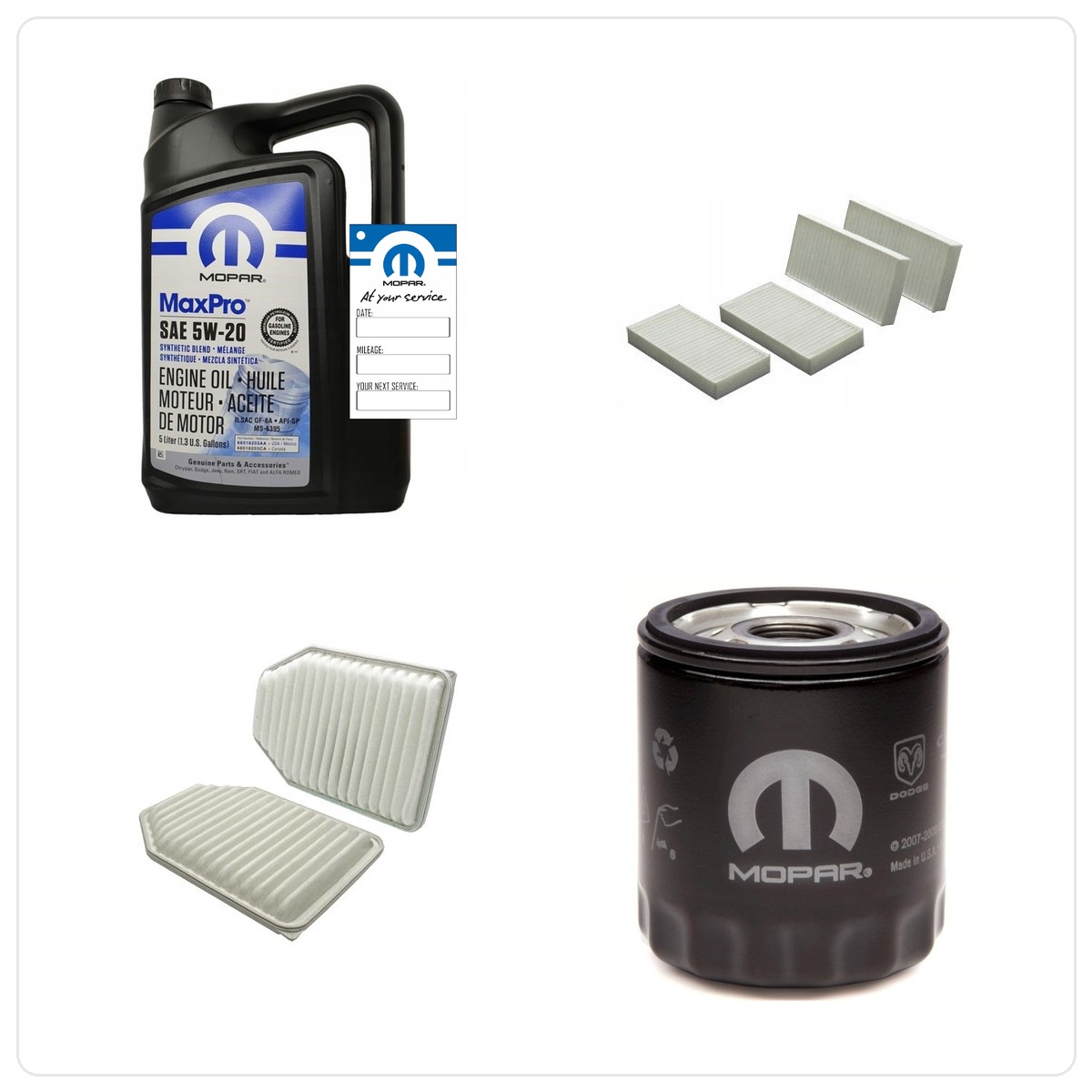 MOPAR 5W20 5L + MO-409 z filtrami oleju, powietrza i kabinowym Jeep Wrangler 3.8 V6 2011